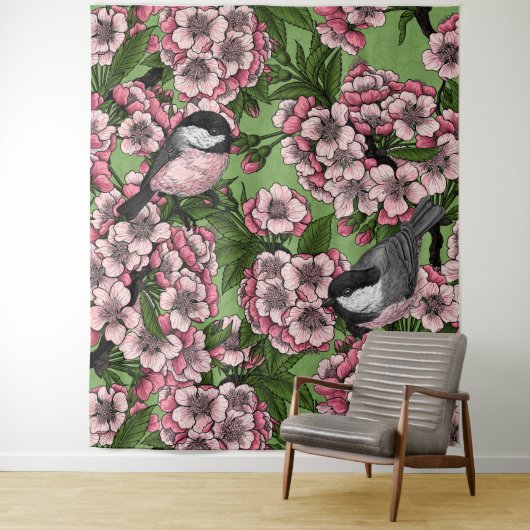 さくらんぼの花と《鳥》アメリカゴガラの緑 タペストリー (インサイチュ)