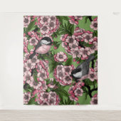 さくらんぼの花と《鳥》アメリカゴガラの緑 タペストリー (正面)