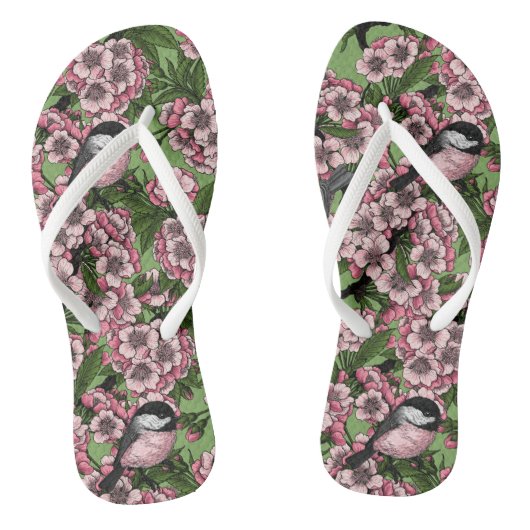 さくらんぼの花と《鳥》アメリカゴガラの緑 ビーチサンダル (ソール)