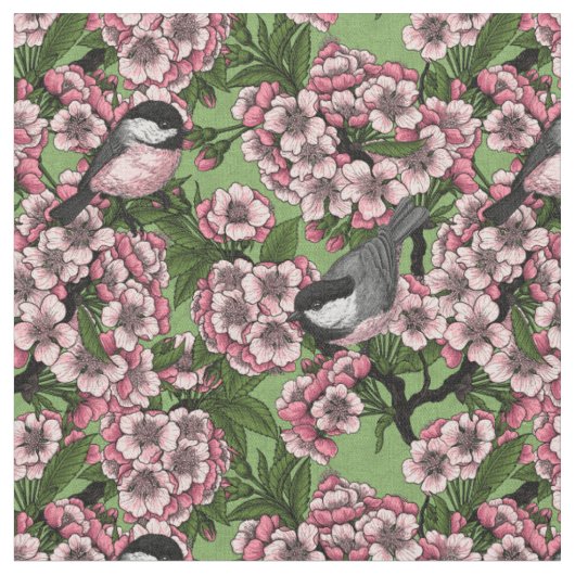 さくらんぼの花と《鳥》アメリカゴガラの緑 ファブリック (クローズアップ)