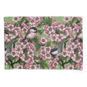 さくらんぼの花と《鳥》アメリカゴガラの緑 枕カバー (正面)