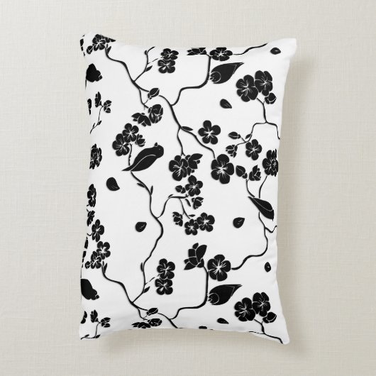 さくらんぼの花に咲く白黒鳥 アクセントクッション (裏面(縦))