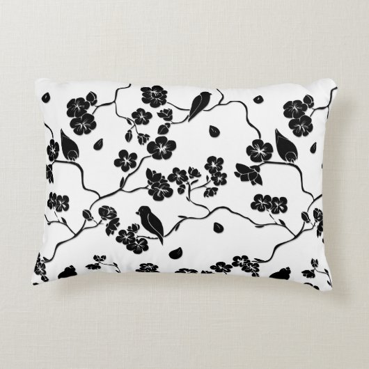 さくらんぼの花に咲く白黒鳥 アクセントクッション (裏面)