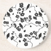 さくらんぼの花に咲く白黒鳥 コースター (正面)
