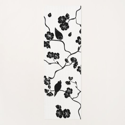さくらんぼの花に咲く白黒鳥 ヨガマット (正面)