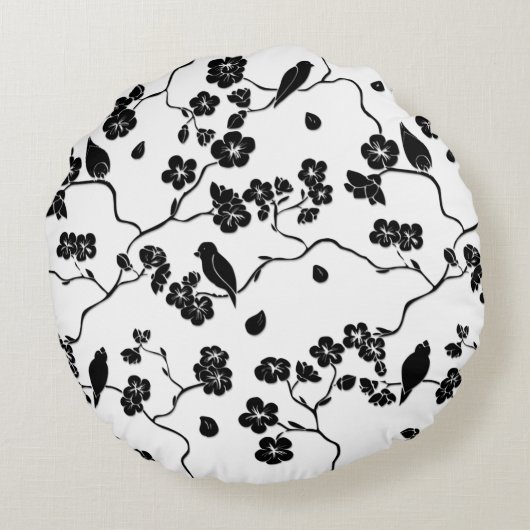 さくらんぼの花に咲く白黒鳥 ラウンドクッション (裏面)