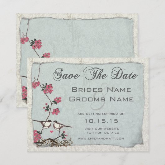 さくらんぼの花のシジュウカラ ダマスク 保存日付 招待状 (正面/裏面)