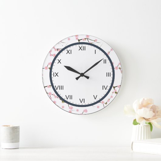 さくらんぼの花のピンクと白の時計 ラージ壁時計 (ホーム)