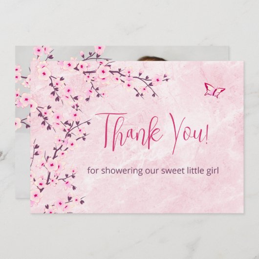 さくらんぼの花のベビーシャワー |写真サンキューカード サンキューカード (正面/裏面)