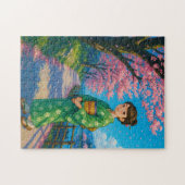 さくらんぼの花の下を散歩日本の- Kimono ジグソーパズル (横)