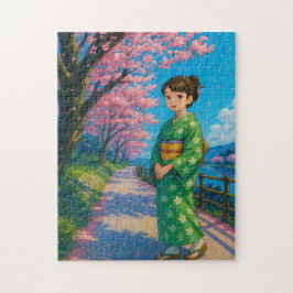 さくらんぼの花の下を散歩日本の- Kimono ジグソーパズル