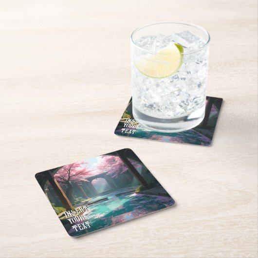 さくらんぼの花の寺と神聖なプールアニメ スクエアペーパーコースター (インサイチュ)