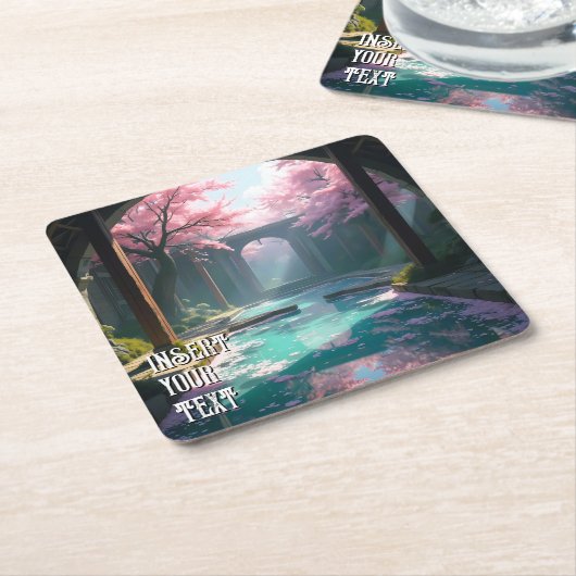 さくらんぼの花の寺と神聖なプールアニメ スクエアペーパーコースター (アングル)