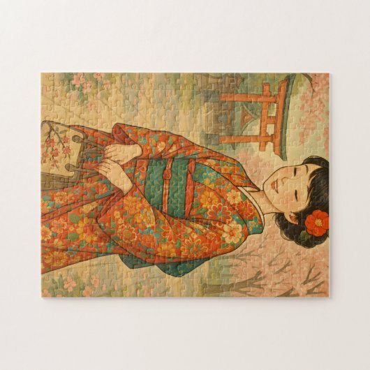 さくらんぼの花の散策日本の – 着物の女の子 ジグソーパズル (横)