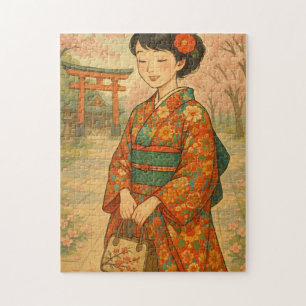 さくらんぼの花の散策日本の – 着物の女の子 ジグソーパズル