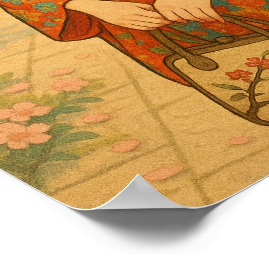 さくらんぼの花の散策日本の – 着物の女の子 ポスター (角)