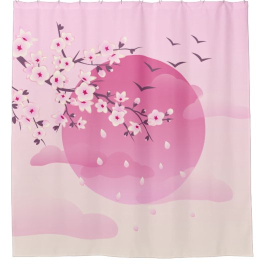 さくらんぼの花の日本の風景 シャワーカーテン (正面)
