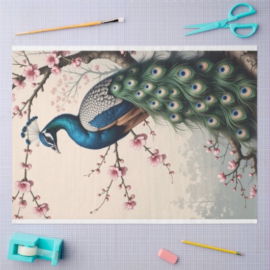 さくらんぼの花の木の切り離し孔雀 薄葉紙 (クラフト)