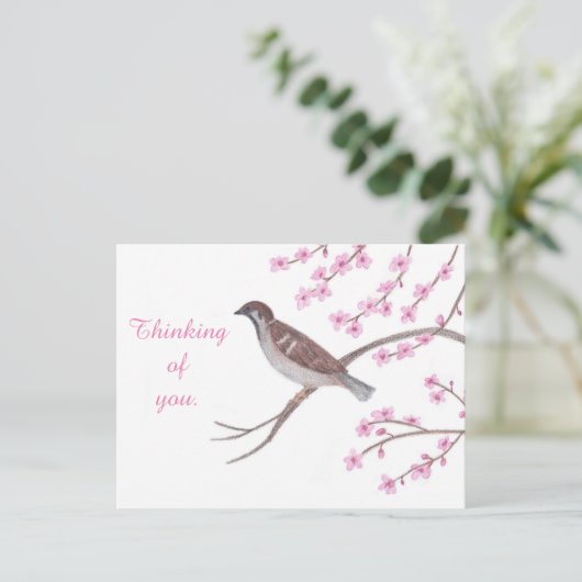 さくらんぼの花の木の考えはがきの雀 ポストカード (スタンド正面)