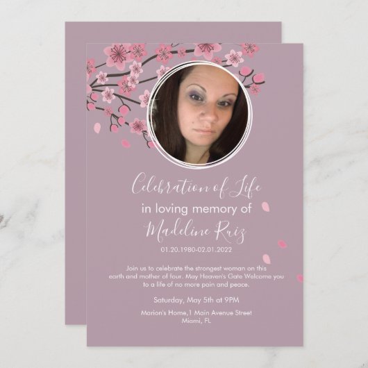 さくらんぼの花の木の花びらお祝いの生活 招待状 (正面/裏面)