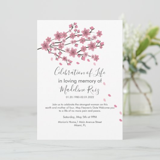 さくらんぼの花の木の赤面お祝いの生活 招待状 (スタンド正面)