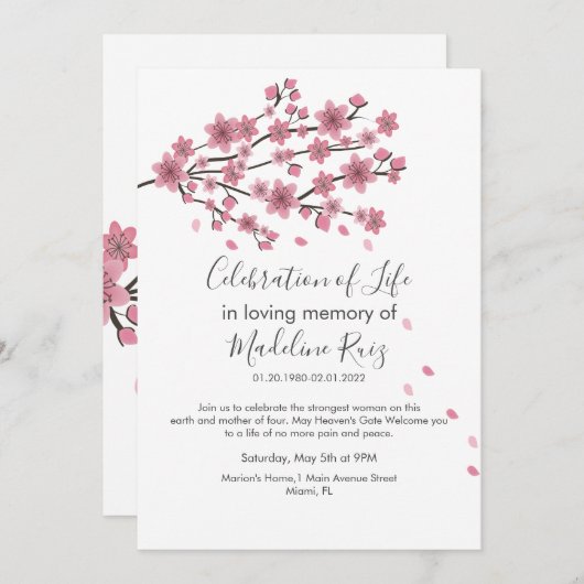 さくらんぼの花の木の赤面お祝いの生活 招待状 (正面/裏面)