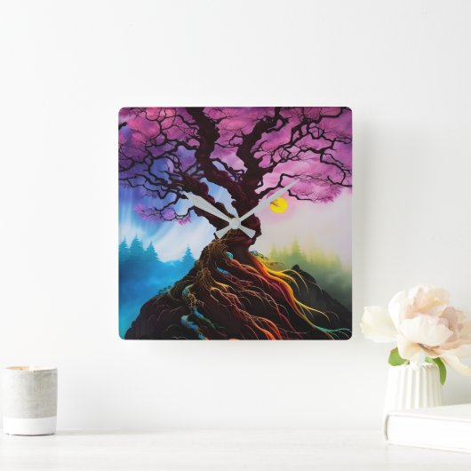 さくらんぼの花の木 スクエア壁時計 (ホーム)