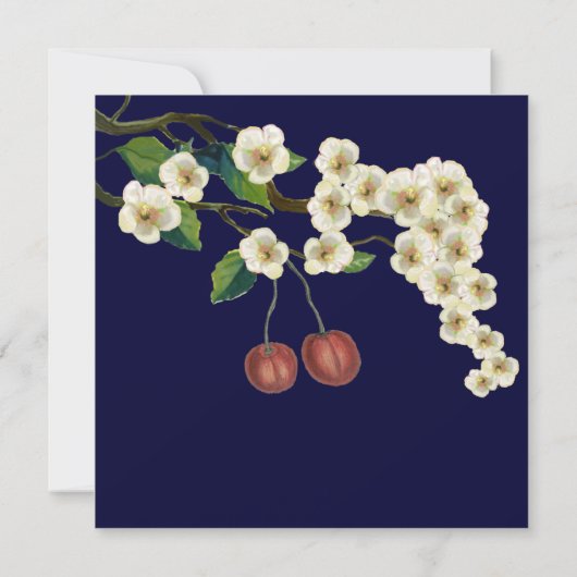 さくらんぼの花の枝の日付を保存 招待状 (裏面)