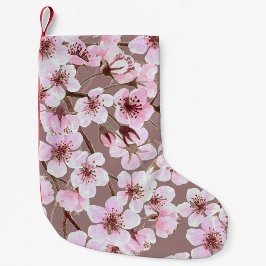さくらんぼの花の枝の水の色パターン スモールクリスマスストッキング (正面)