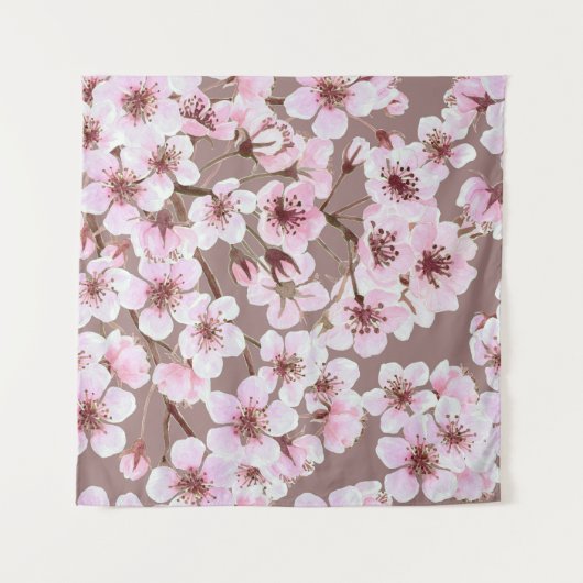 さくらんぼの花の枝の水の色パターン タペストリー (正面)