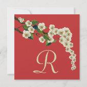 さくらんぼの花の枝の赤い日付を保存 招待状 (裏面)