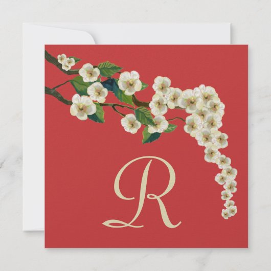 さくらんぼの花の枝の赤い日付を保存 招待状 (裏面)