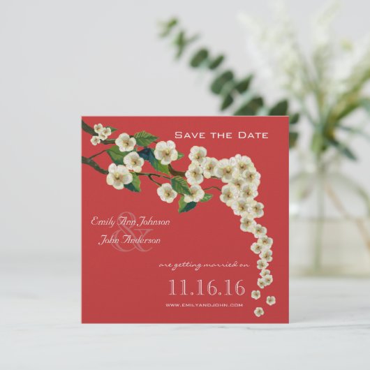 さくらんぼの花の枝の赤い日付を保存 招待状 (スタンド正面)