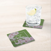 さくらんぼの花の緑の背景のフローラ スクエアペーパーコースター (インサイチュ)