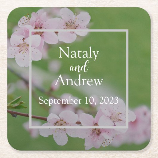 さくらんぼの花の緑の背景のフローラ スクエアペーパーコースター (正面)