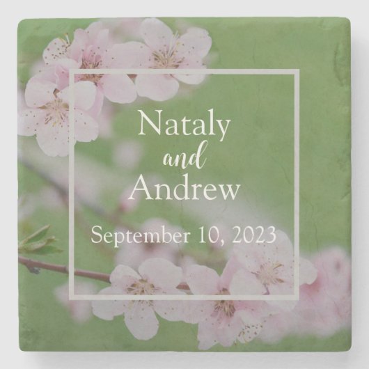 さくらんぼの花の緑の背景のフローラ ストーンコースター (正面)