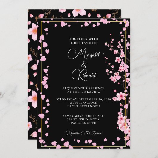 さくらんぼの花の花束の水色 招待状 (正面/裏面)