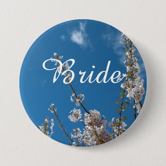 さくらんぼの花の青い空の花嫁結婚のボタン。 缶バッジ (正面)