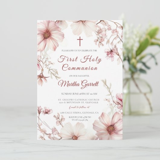 さくらんぼの花ピンクと白の最初の聖餐式 招待状 (スタンド正面)