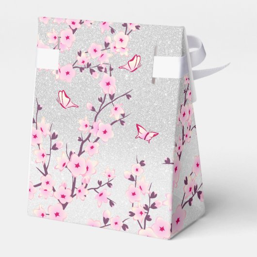 さくらんぼの花ピンクのシルバーグリッターカスタムウェディング フェイバーボックス (裏面サイド)