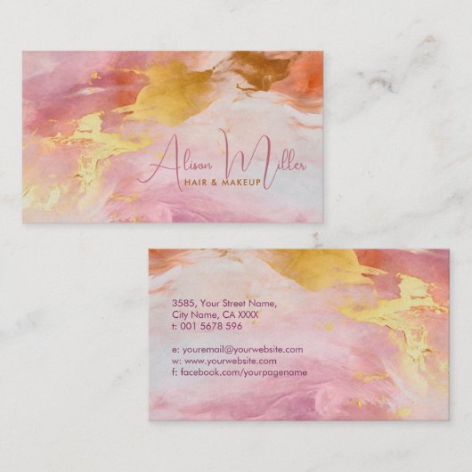 さくらんぼの花ピンクの水色と金ゴールド 名刺 (正面/裏面)