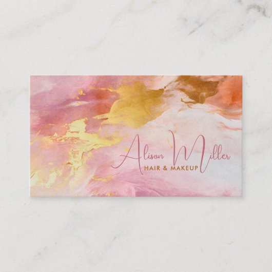 さくらんぼの花ピンクの水色と金ゴールド 名刺 (正面)