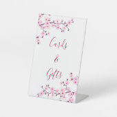 さくらんぼの花ピンクの白いカードとギフト 台座サイン (正面)