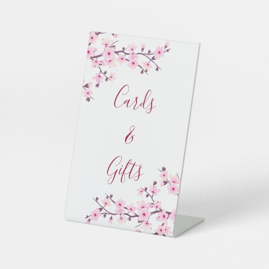 さくらんぼの花ピンクの白いカードとギフト 台座サイン (正面)
