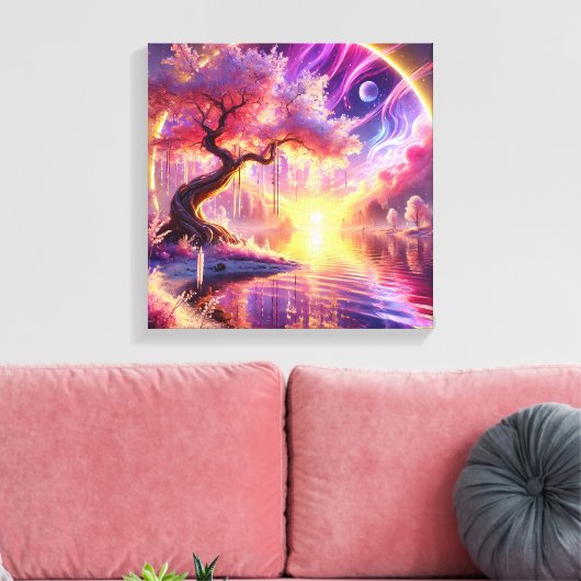 さくらんぼの花ファンタジー：穏やかな夕日の景色 キャンバスプリント (インサイチュ (リビング))