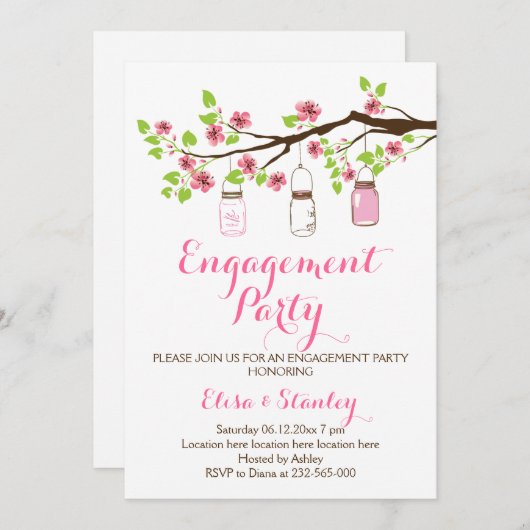 さくらんぼの花メイスン結婚ジャー婚約パーティ 招待状 (正面/裏面)