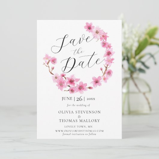 さくらんぼの花リース写真の結婚式の日付を保存 招待状 (スタンド正面)