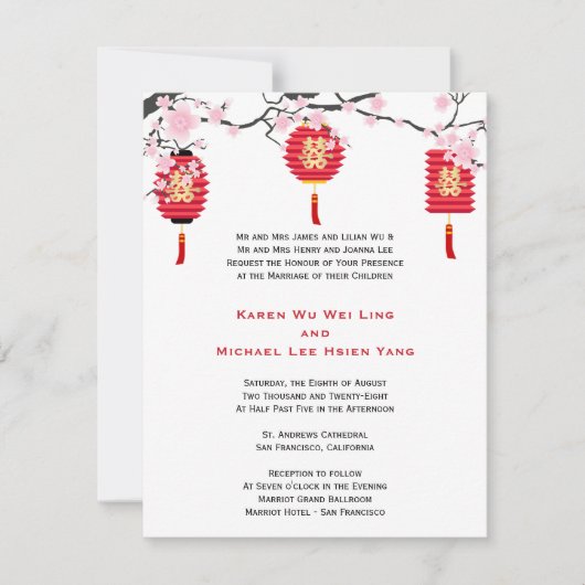 さくらんぼの花中国のとち結婚ょうちん 招待状 (正面)
