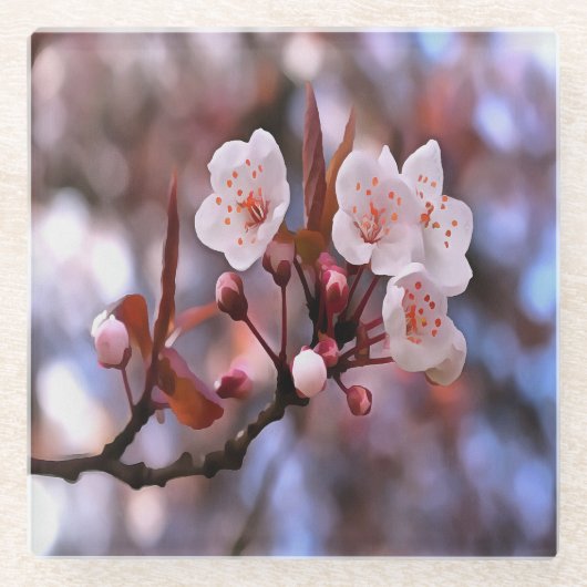 さくらんぼの花房とピンクとブルー ガラスコースター (正面)