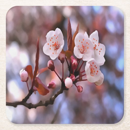 さくらんぼの花房とピンクとブルー スクエアペーパーコースター (正面)